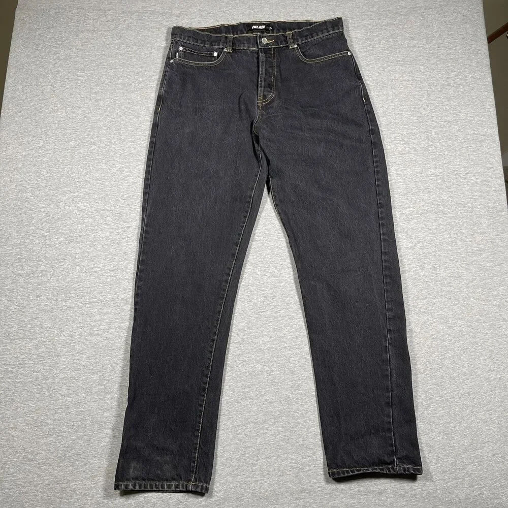 Palace Jeans Mens 34 Black Dark Wash Straight Button Fly Logo Regular Fit